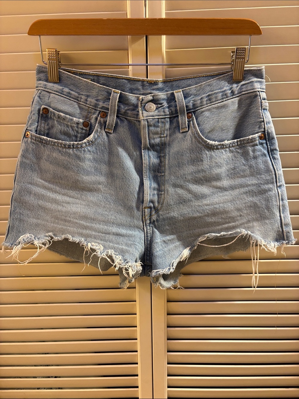 Levi's Light Blue Frayed Hem Denim Shorts